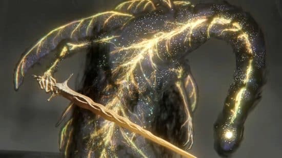 Elden Ring bosses: The Elden Beast, an eldritch being made of shadow and starlight, clutching an elegant sword in one of its spindly hands.