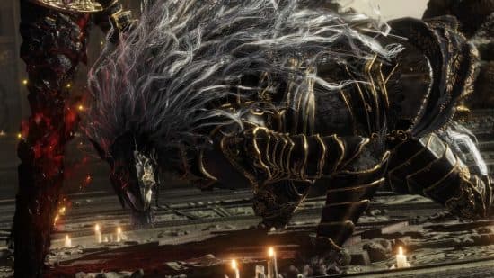 Elden Ring bosses: Malekith, an anthropomorphic beast on all fours dressed in plate mail and wielding a bloody black blade wreathed in a crimson aura.