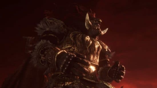 Elden Ring bosses: Starscourage Radahn howls at the blood-red sky of Caelid dressing in burnished battle armour for the festival at Redmane Castle.
