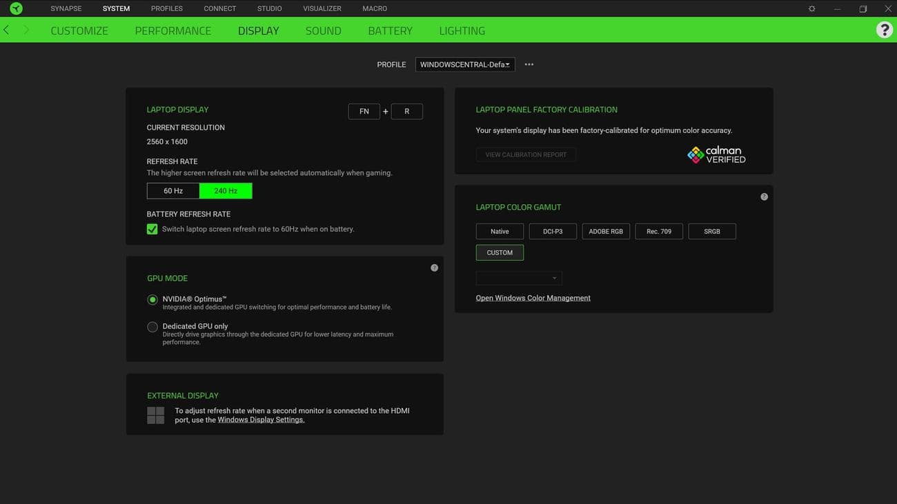 Razer Synapse Display settings.