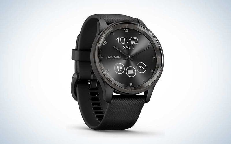 A black Garmin vivomove luxe on a plain background.