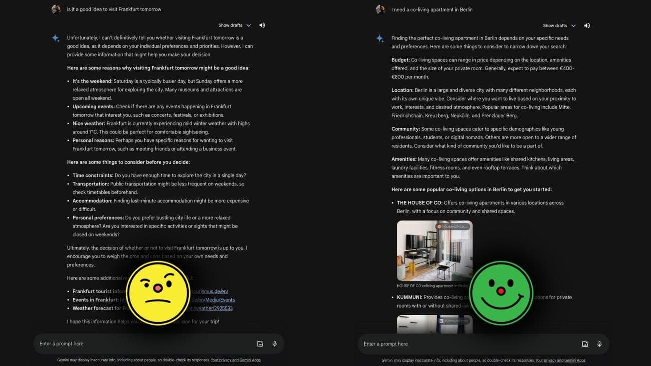 Gemini doesn't like small talk about the weather in Frankfurt but it'll gladly help you find an apartment in Berlin. - Canceled? Google Gemini AI tells me "offensive" jokes about "poor people" - but that's only human