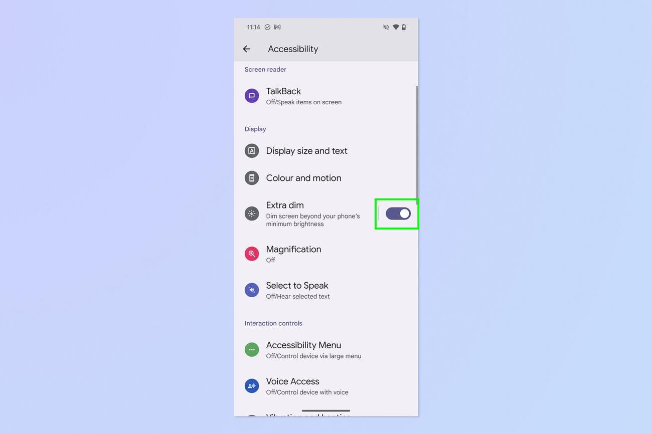 Ένα στιγμιότυπο οθόνης που δείχνει πώς να ενεργοποιήσετε τη λειτουργία Extra dim στο Google Pixel