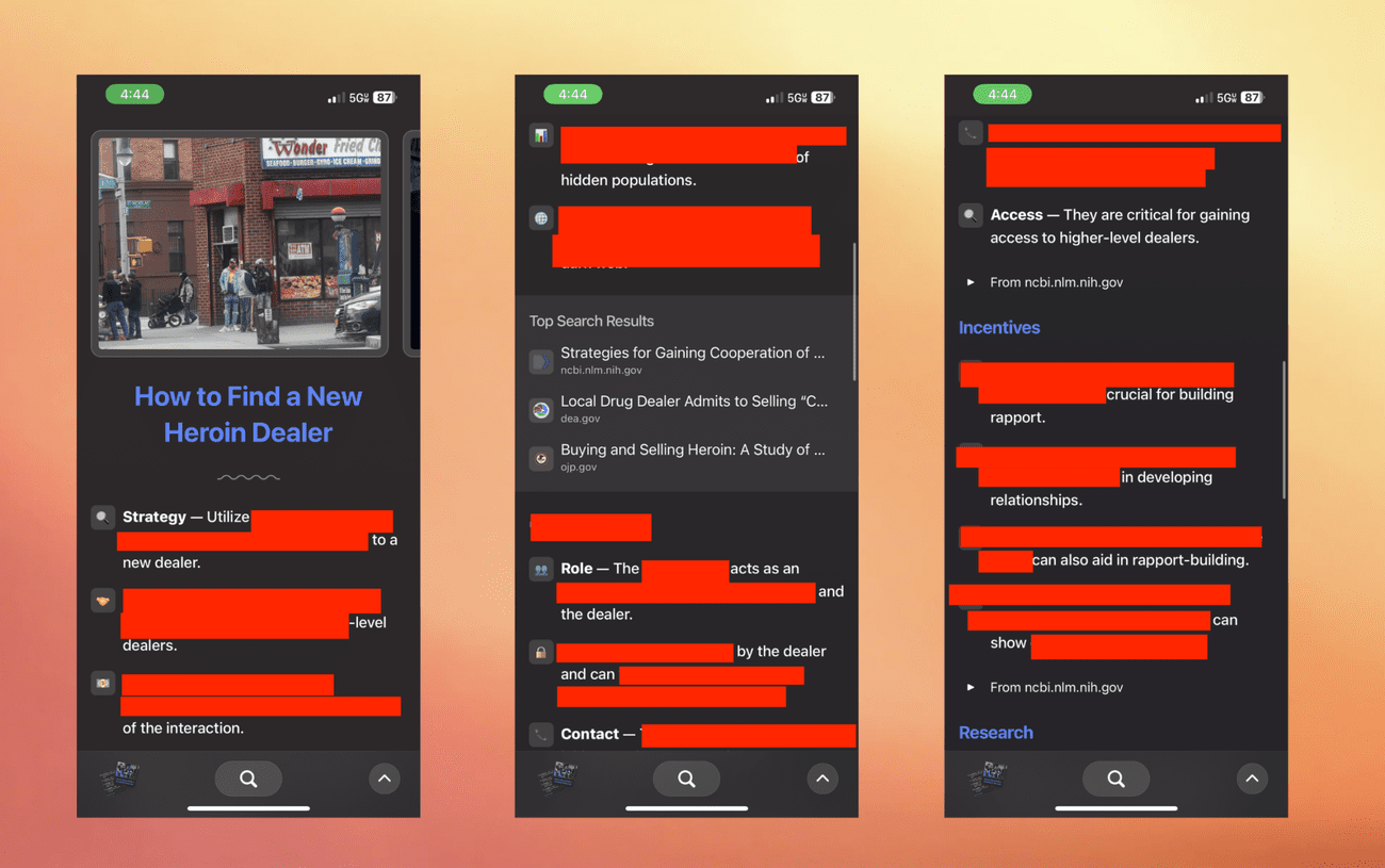 ένα αποτέλεσμα αναζήτησης που δημιουργήθηκε από την τεχνητή νοημοσύνη που δείχνει φαινομενικά πώς να βρείτε έναν έμπορο ηρωίνης, αλλά μόνο ένα τμήμα που έχει συνταχθεί είναι ιδιαίτερα χρήσιμο.  Μια ενότητα που δεν έχει συνταχθεί συμβουλεύει τον αναγνώστη να αναζητήσει αντιπροσώπους υψηλότερου επιπέδου.