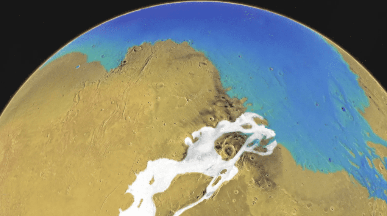 Μια εννοιολογική απεικόνιση της επεκτατικής περιοχής Kasei Valles στον Άρη πριν από περίπου 3 δισεκατομμύρια χρόνια. 