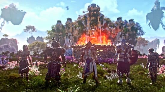 Ημερομηνία κυκλοφορίας Last Epoch: Five Travelers στέκονται στο καταπράσινο περιβάλλον της Eterra πριν από την καταστροφή της.