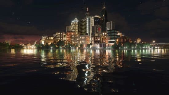 Best Minecraft shaders: A cityscape glows bright in the dark and is reflected in the realistic water surrounding it with new Continuum RT shaders equipped