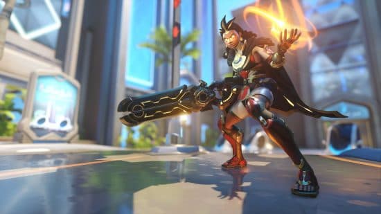 Overwatch 2 characters: a woman with bright, glowing eyes holds a large gun in one hand, and a ball of fire in the other.