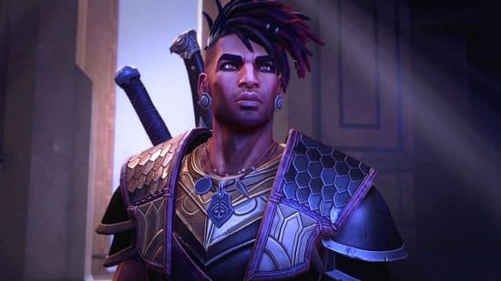 Best action adventure games: a man wearing armor stares slightly to the right of camera.