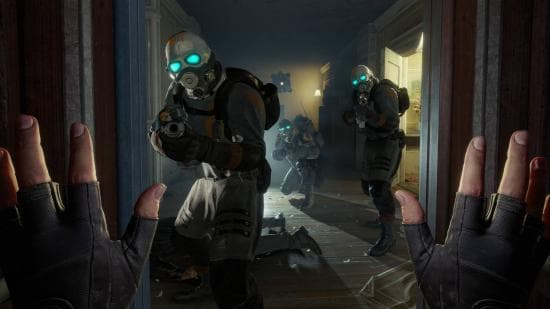 Best VR games - three soldiers aiming their guns at Alyx who has her hands up in Half-Life: Alyx.