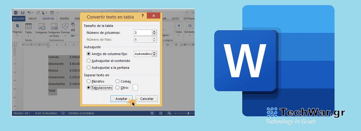 word texto a tabla