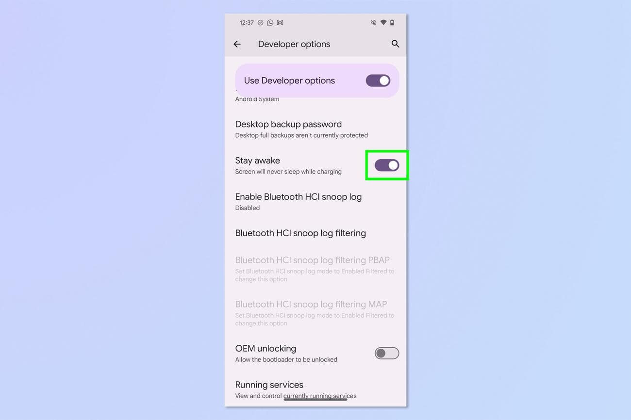 Ένα στιγμιότυπο οθόνης που δείχνει πώς να ενεργοποιήσετε τη λειτουργία Stay Awake σε τηλέφωνα Pixel