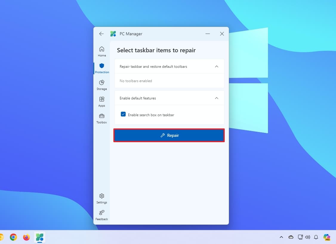 Επισκευή της γραμμής εργασιών του PC Manager