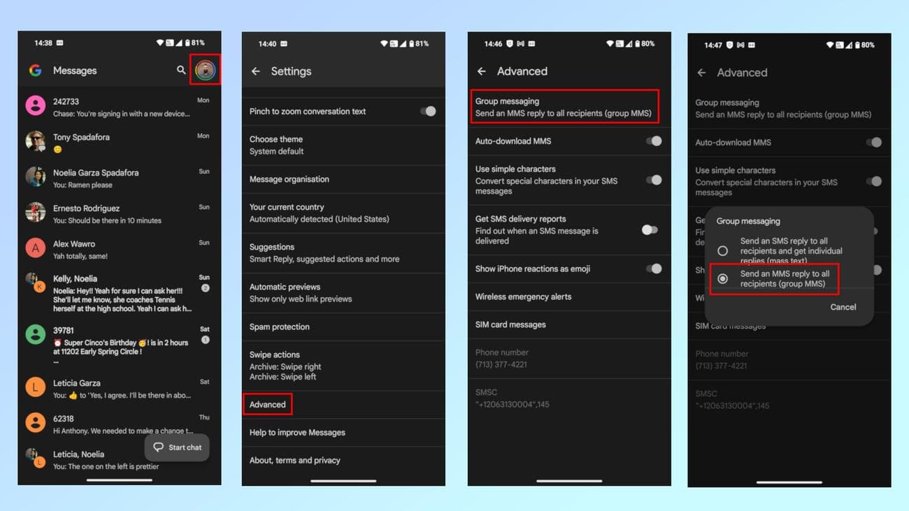 Μια σειρά από στιγμιότυπα οθόνης που δείχνει πώς να μεταβείτε από τη χρήση μαζικού κειμένου σε ομαδικά MMS στο Google Messages