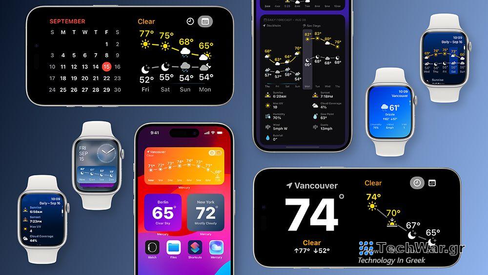 Screenshots of the Mercury Weather App on iPhones and Apple Watches.