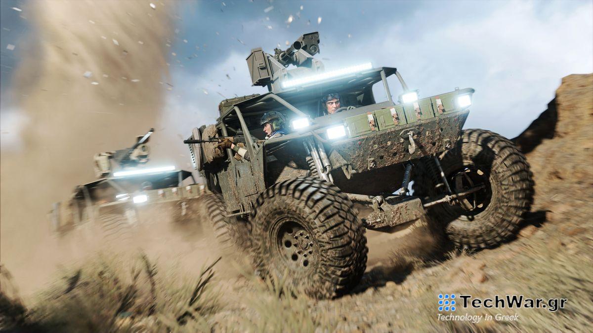 An armoured car driving along a dirt road in Battlefield 2042
