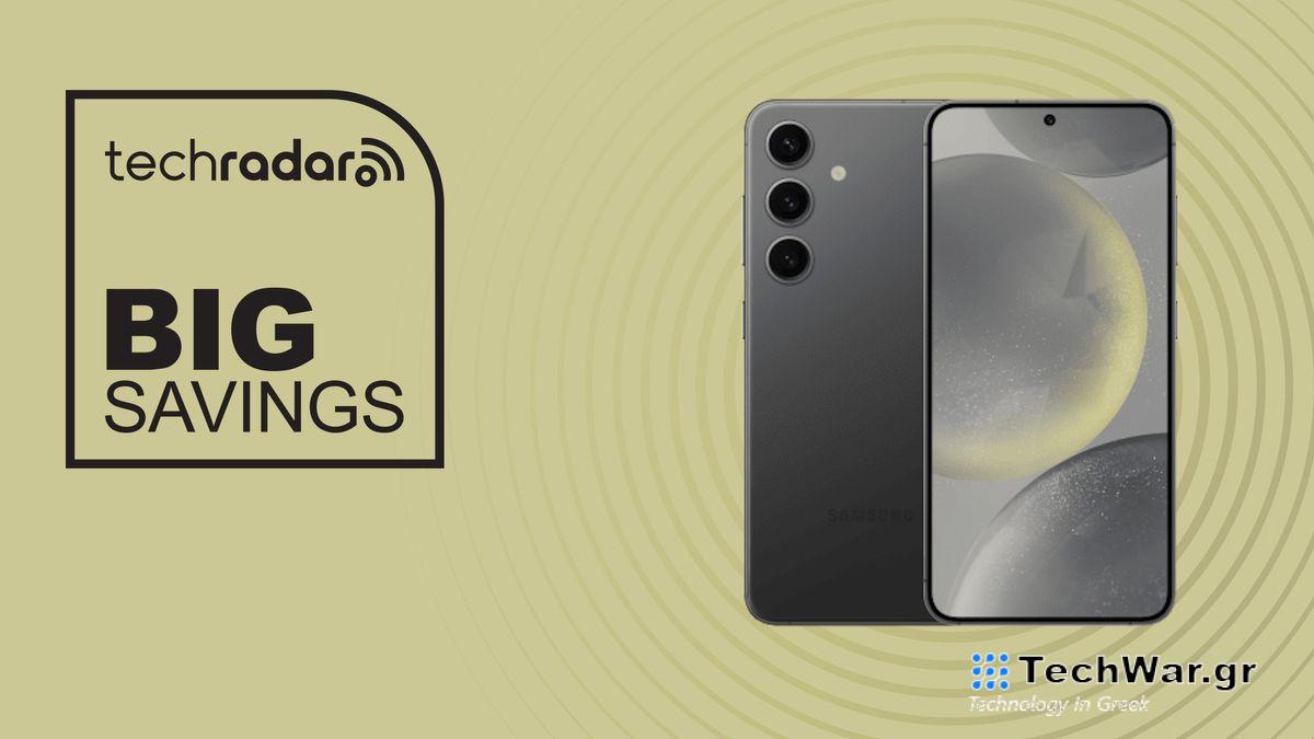 Samsung Galaxy S24 on sandy background with big savings text overlay