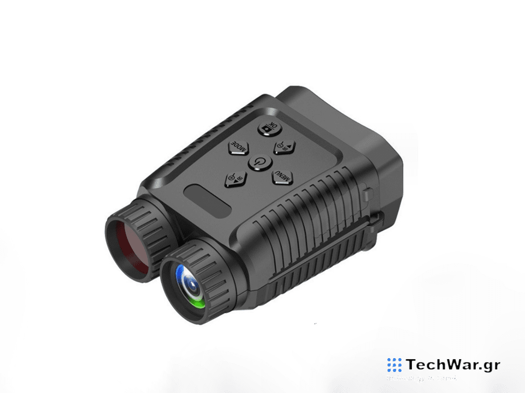 A pair of night vision goggles on a plain background.