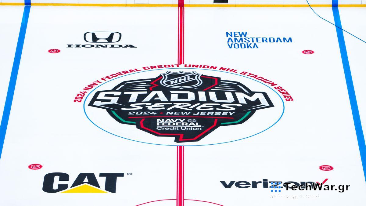 The lines and logos are placed down on the ice in preparation for the 2024 Navy Federal Credit Union NHL Stadium Series at MetLife Stadium on February 11, 2024 in East Rutherford, New Jersey.