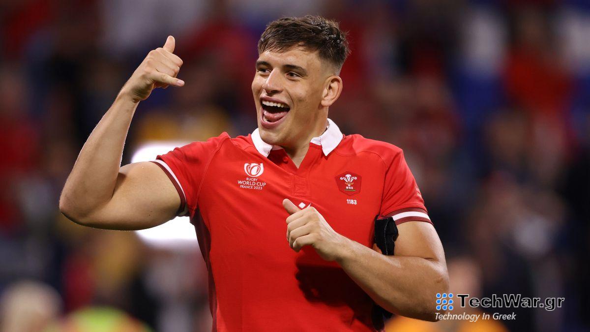 Wales Six Nations captain Dafydd Jenkins, wearing a red team shirt, celebrates ahead of the Wales vs Scotland clash.