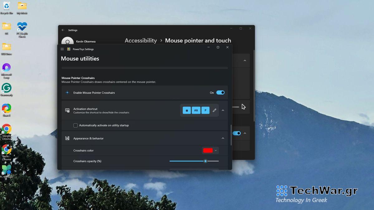 Enabling the PowerToys Mouse Pointer Crosshairs feature on Windows 11