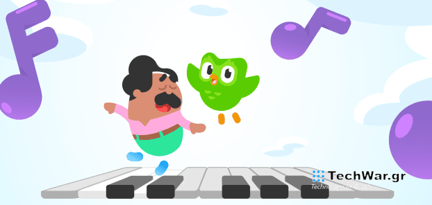 Duolingo Man and Duolingo Owl on piano