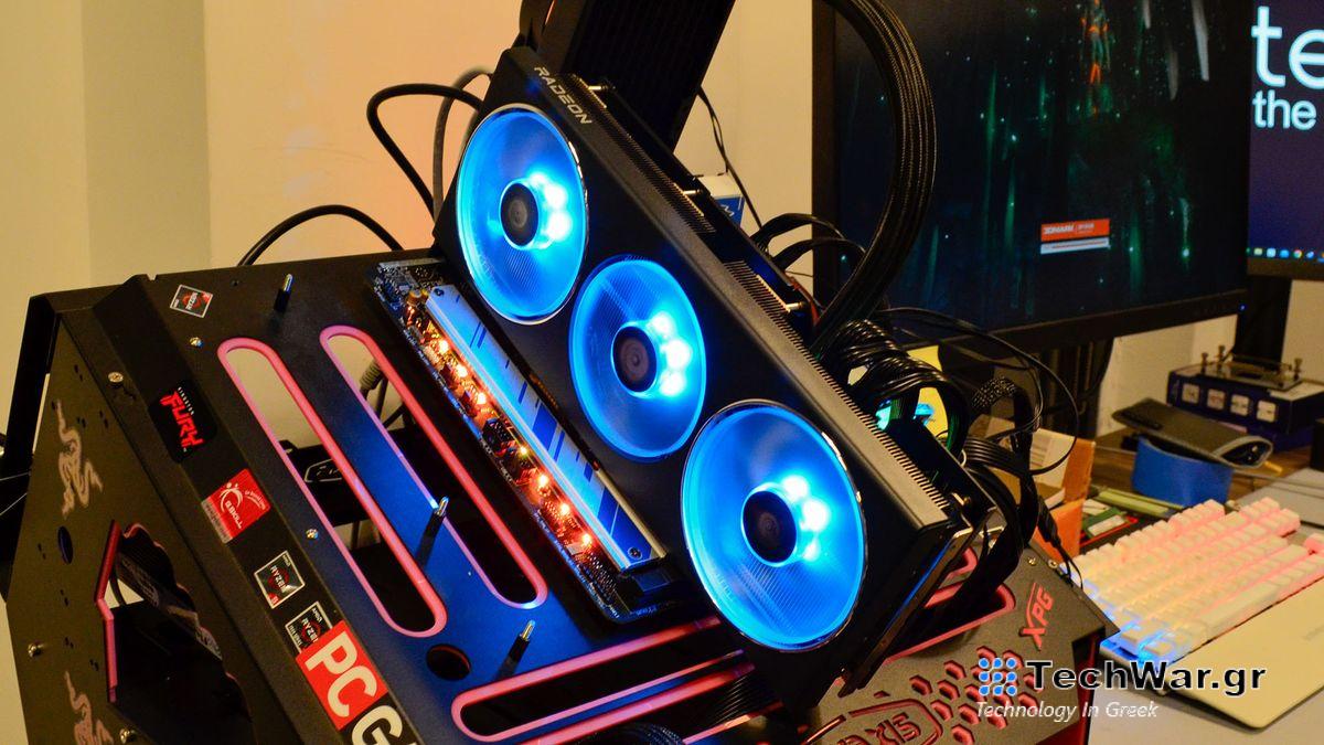 An AMD Radeon RX 7900 GRE from PowerColor in a test bench