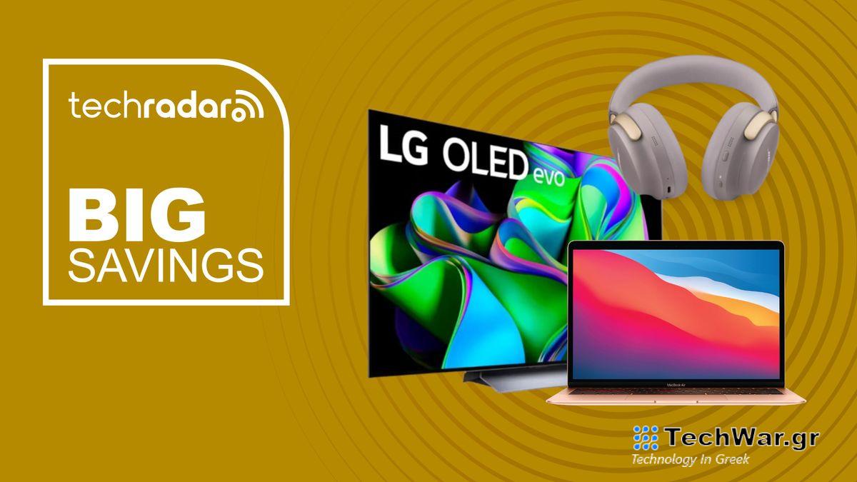 LG C3, MacBook Air M1, and Bose headphones on yellow background with big savings text overlay