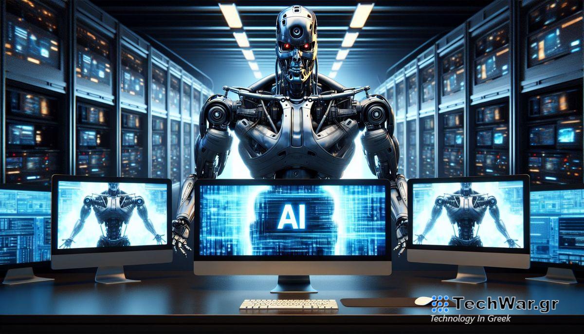 A robot that looks like a Terminator looking over AI