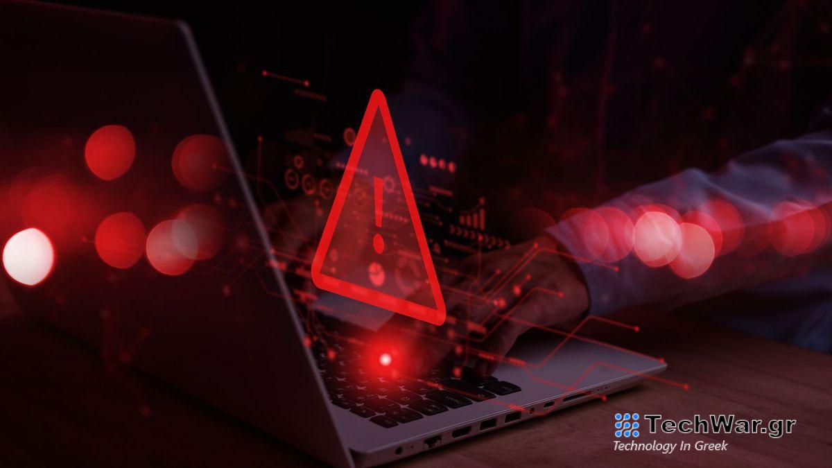 A concept image of someone typing on a computer. A red flashing danger sign is above the keyboard and nymbers and symbols also in glowing red surround it.