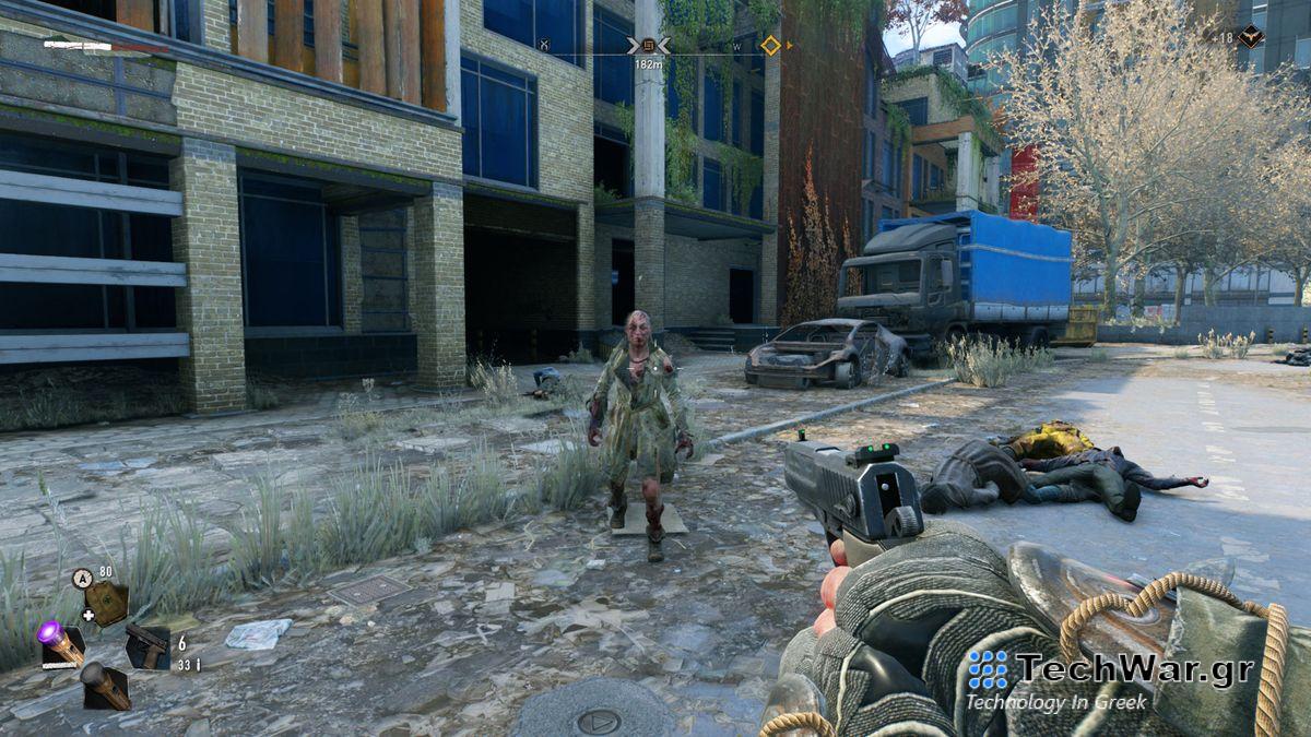 Pointing the Harran Pistol at an enemy in Dying Light 2