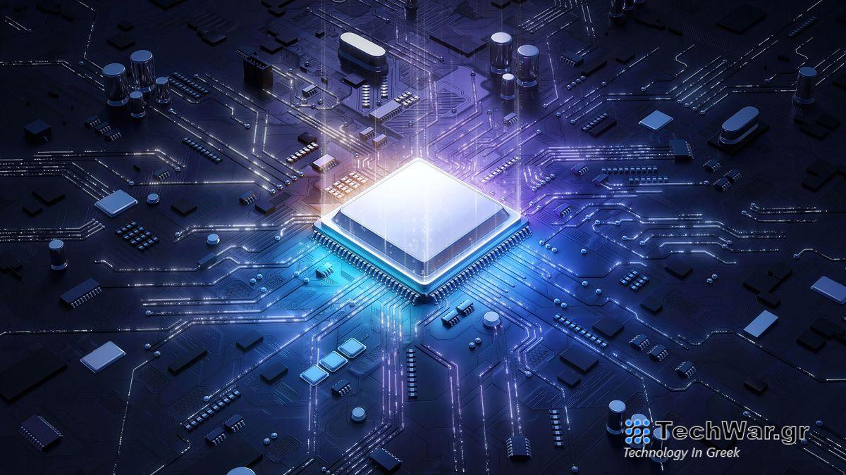 CPU concept art of a chip with blue electricity coursing through it