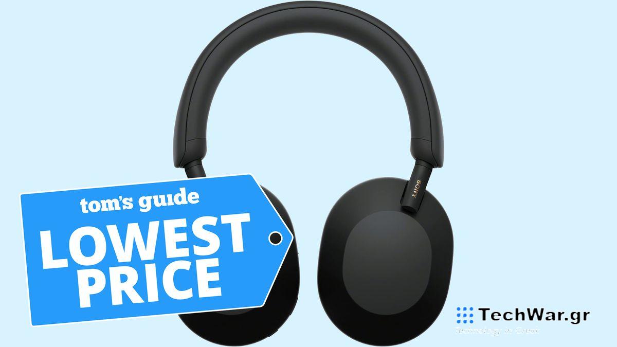 Sony WH-1000XM5 against sky blue background