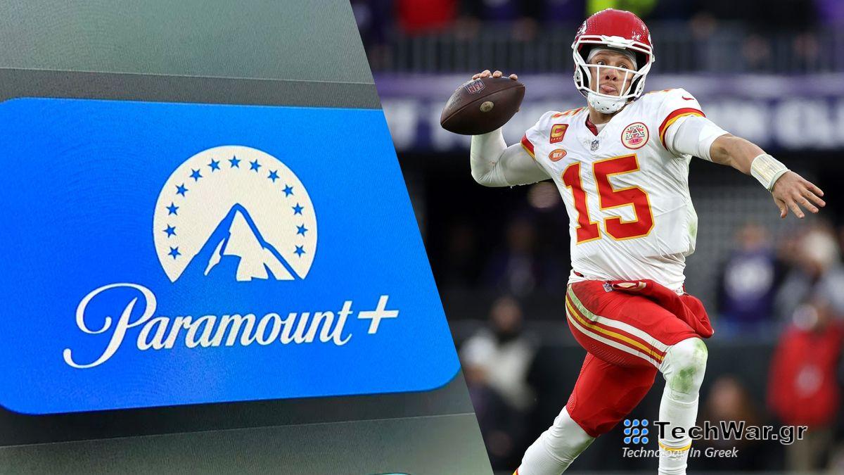 Paramount Plus logo next to photo of Patrick Mahomes