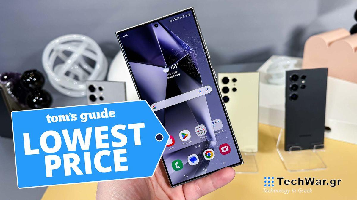 Galaxy S24 Ultra held in hand with other S24 Ultra colors in the background