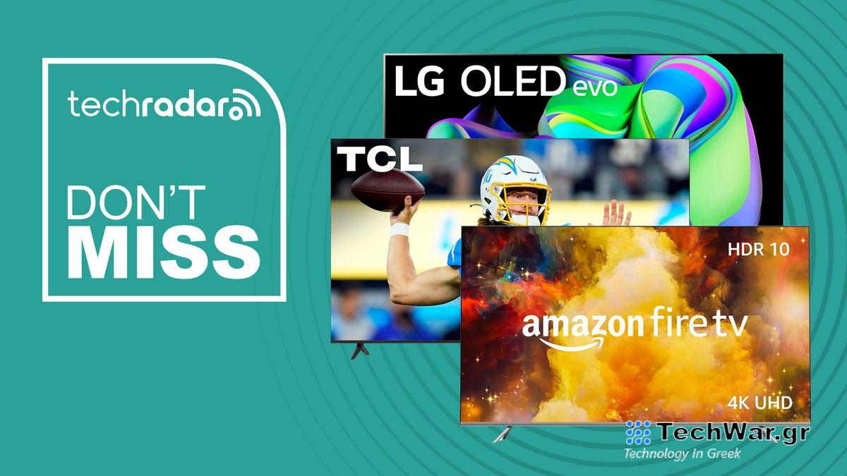 Three TVs on a green background