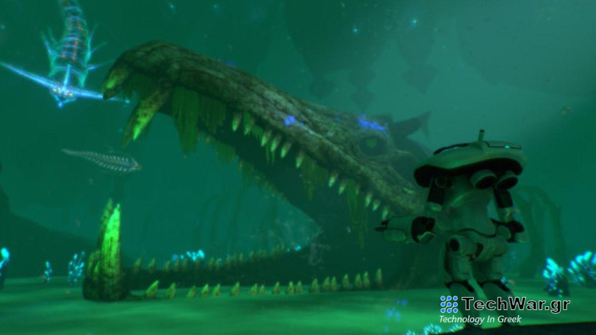 Person in diving suit looking at a giant skull