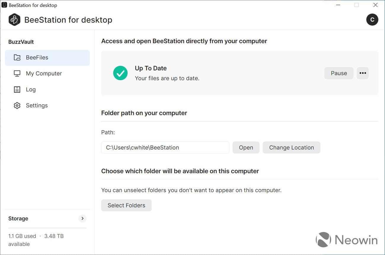 Screenshot of Synology BeeStation configuration on the Windows desktop
