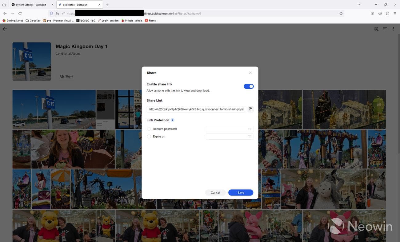 Screenshot showing how to share an album in Synology BeePhotos