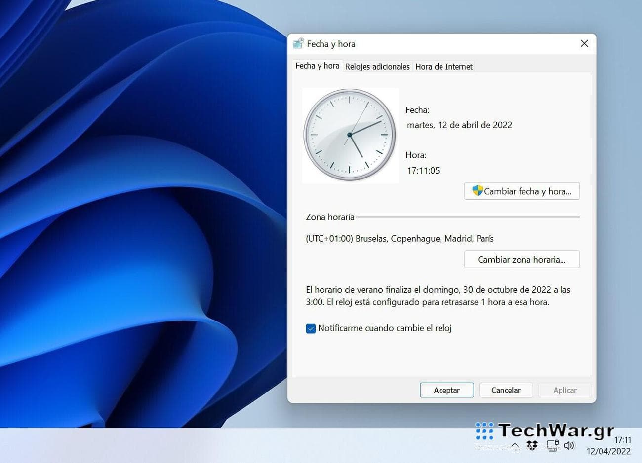 fecha y hora windows 11