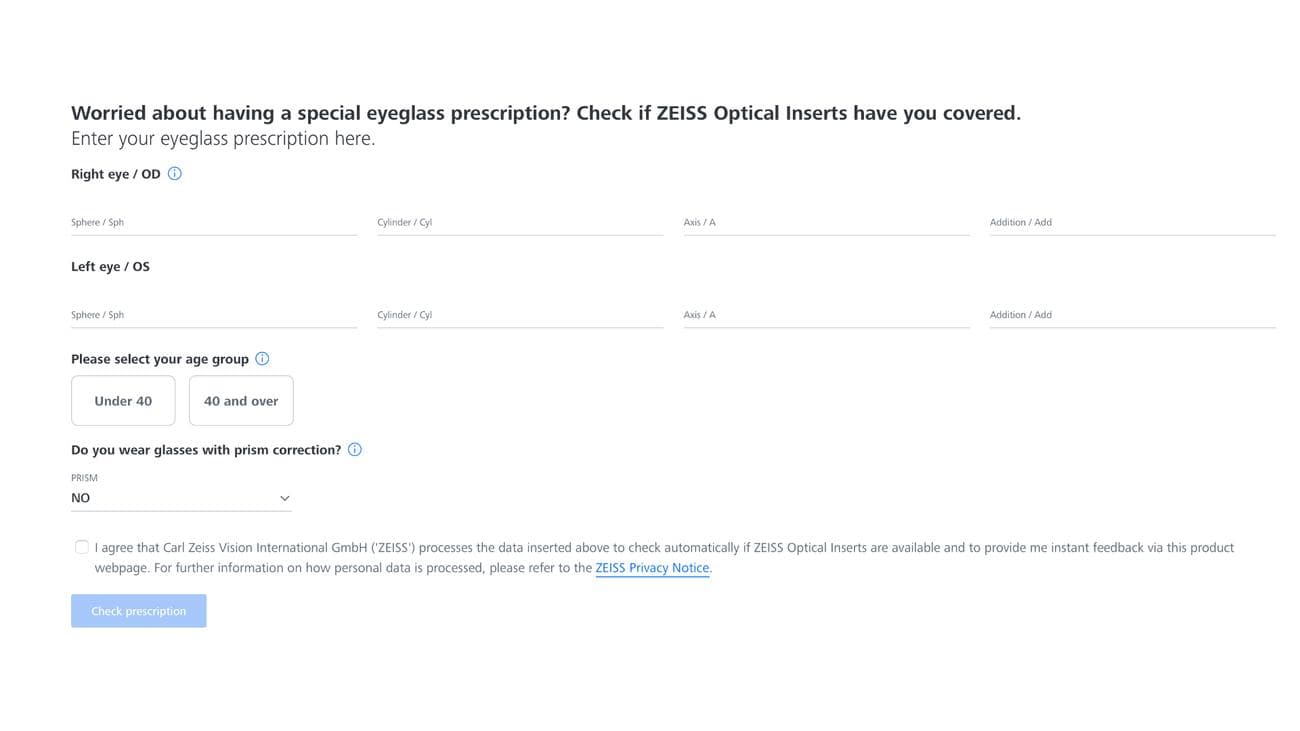 Η σελίδα συνταγής ελέγχου για οπτικά ένθετα Zeiss.