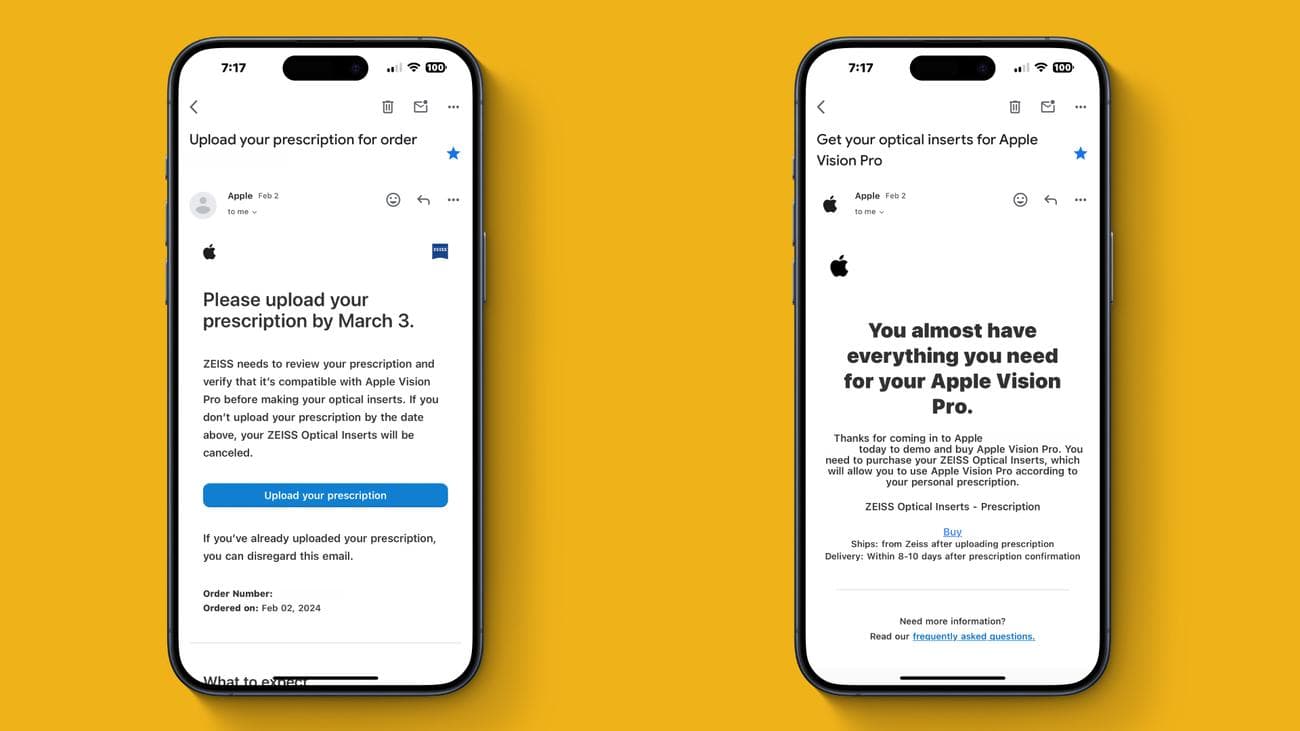 Email για οπτικά ένθετα για το Vision Pro.