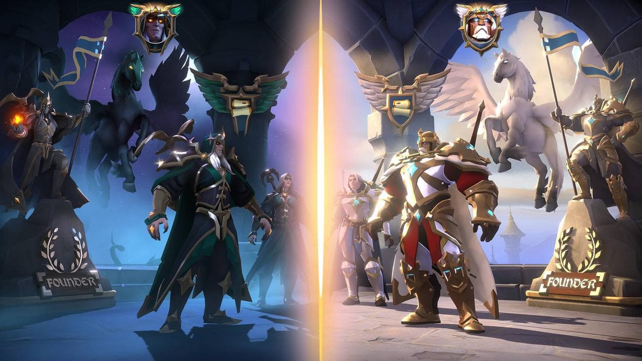 Το τεράστιο Steam MMO μπορεί επιτέλους να παίξει, η beta έρχεται σύντομα: Μια εικόνα φανταστικών χαρακτήρων που στέκονται κοιτάζοντας ο ένας τον άλλον, η εικόνα χωρίζεται στη μέση για να δείξει το σκοτάδι και το φως