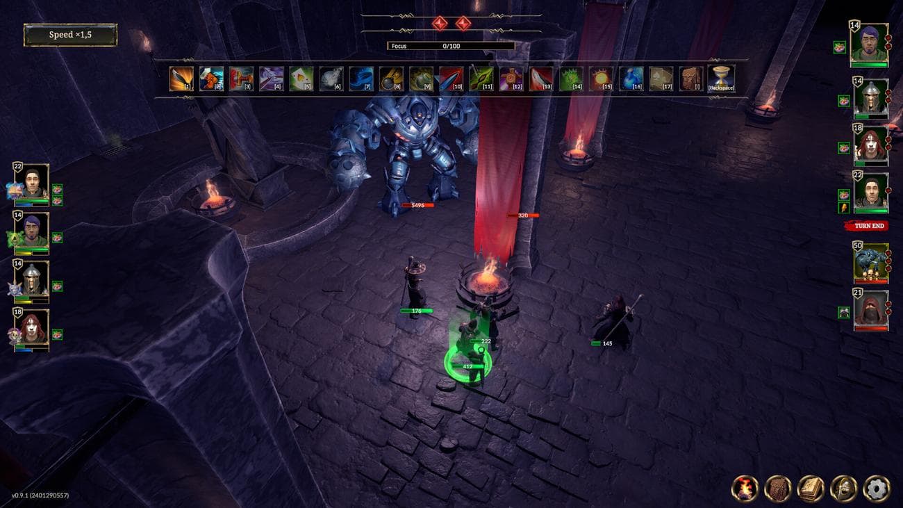 Ένα στιγμιότυπο οθόνης εντός του παιχνιδιού με τέσσερις χαρακτήρες να επιτίθενται σε ένα μεγαλόσωμο μπλε πέτρινο αφεντικό σε μια περιοχή μπουντρούμι