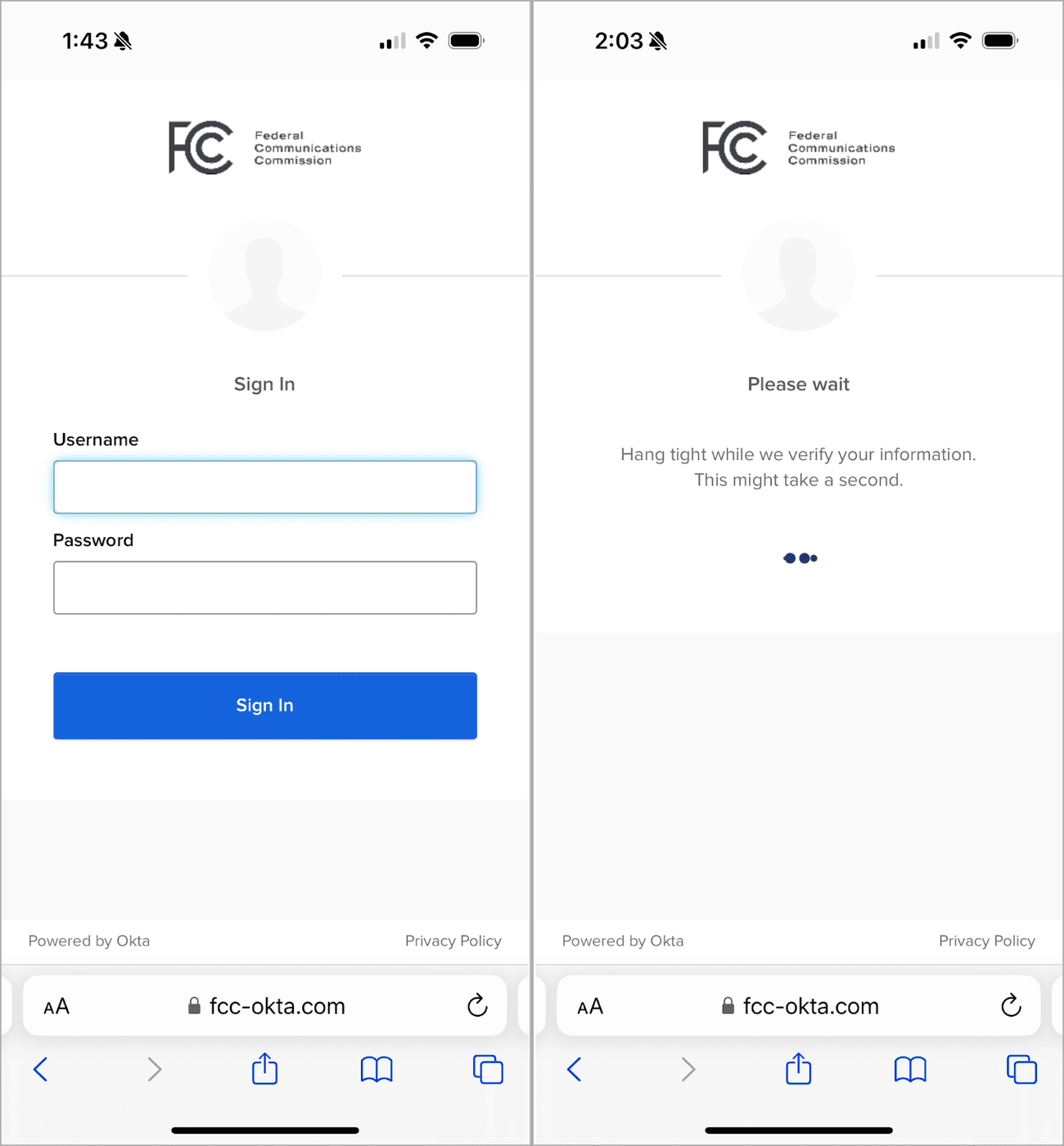 Σελίδα phishing (αριστερά) και ψεύτικη σελίδα αναμονής (δεξιά)
