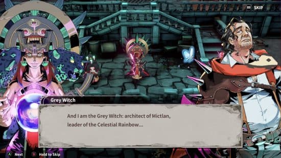 Το Penny Blood: Hellbound - The 'Grey Witch' λέει, "Και είμαι η Γκρίζα Μάγισσα, αρχιτέκτονας του Μίκτλαν, αρχηγός του Ουράνιου Τόξου..."