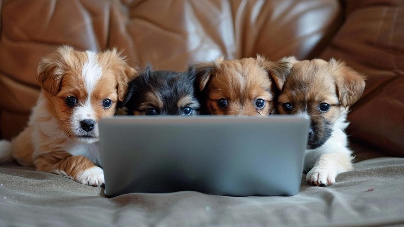 Puppies looking at a laptop