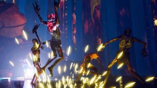 Witherbloom - Τρεις εχθροί πλησιάζουν μια καλυμμένη φιγούρα που κρατά ένα σπαθί σε ένα σουρεαλιστικό μπουντρούμι φαντασίας.