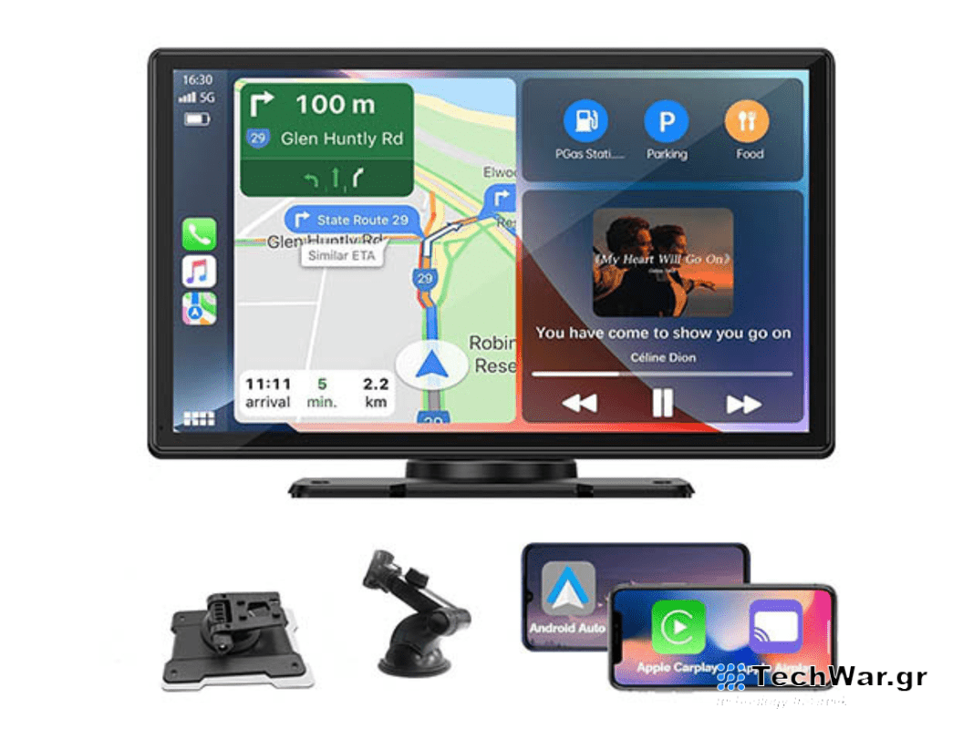 A wireless touchscreen auto display on a plain background.