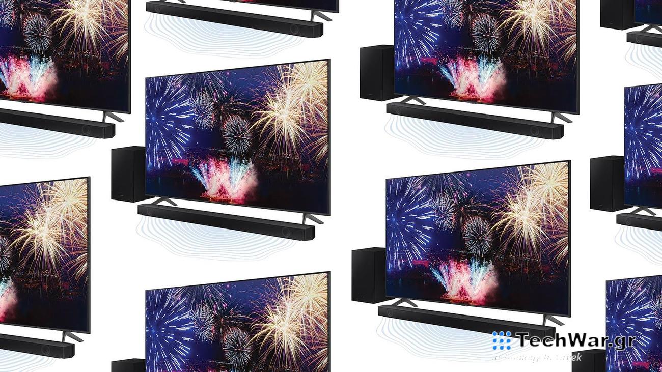 Samsung TVs and soundbars arranged on a plain background with soundbars